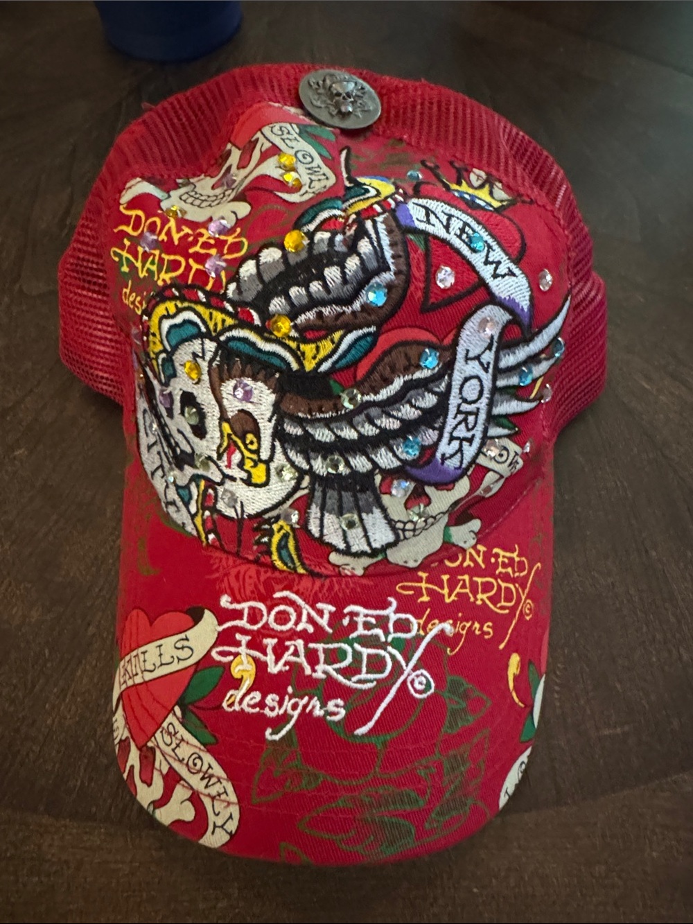 VINTAGE!!Ed Hardy Red Embroidered Skull & Wing Trucker Cap with Rhinestones